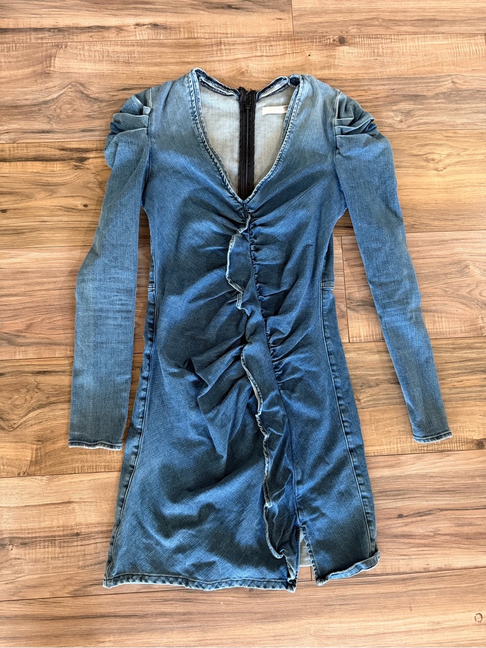 Jonathan Simkhai Blue Denim Ruched Long Sleeve Dress